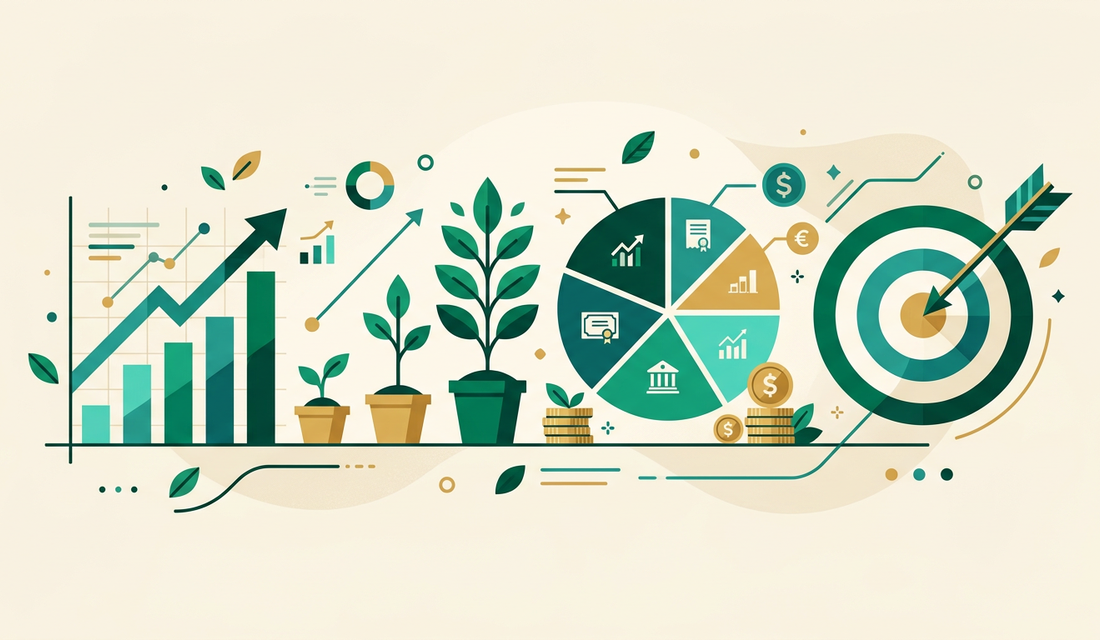 Investment strategy charts, coins and growth illustration