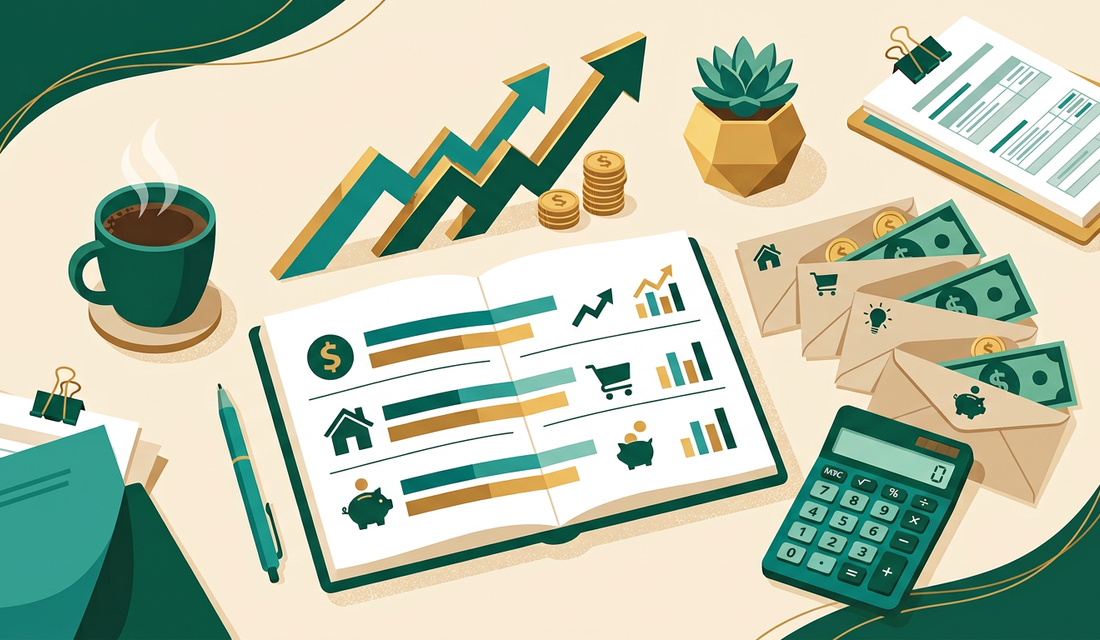 Budget planning notebook, calculator and envelopes of cash